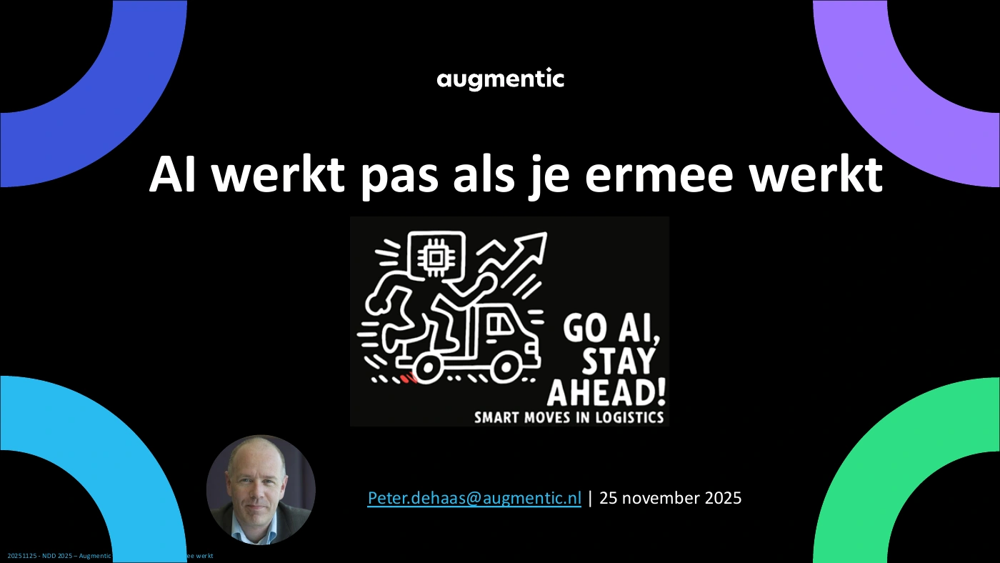 Titeldia van de keynote AI werkt pas als je ermee werkt, op de Nationale DistributieDag 2025.