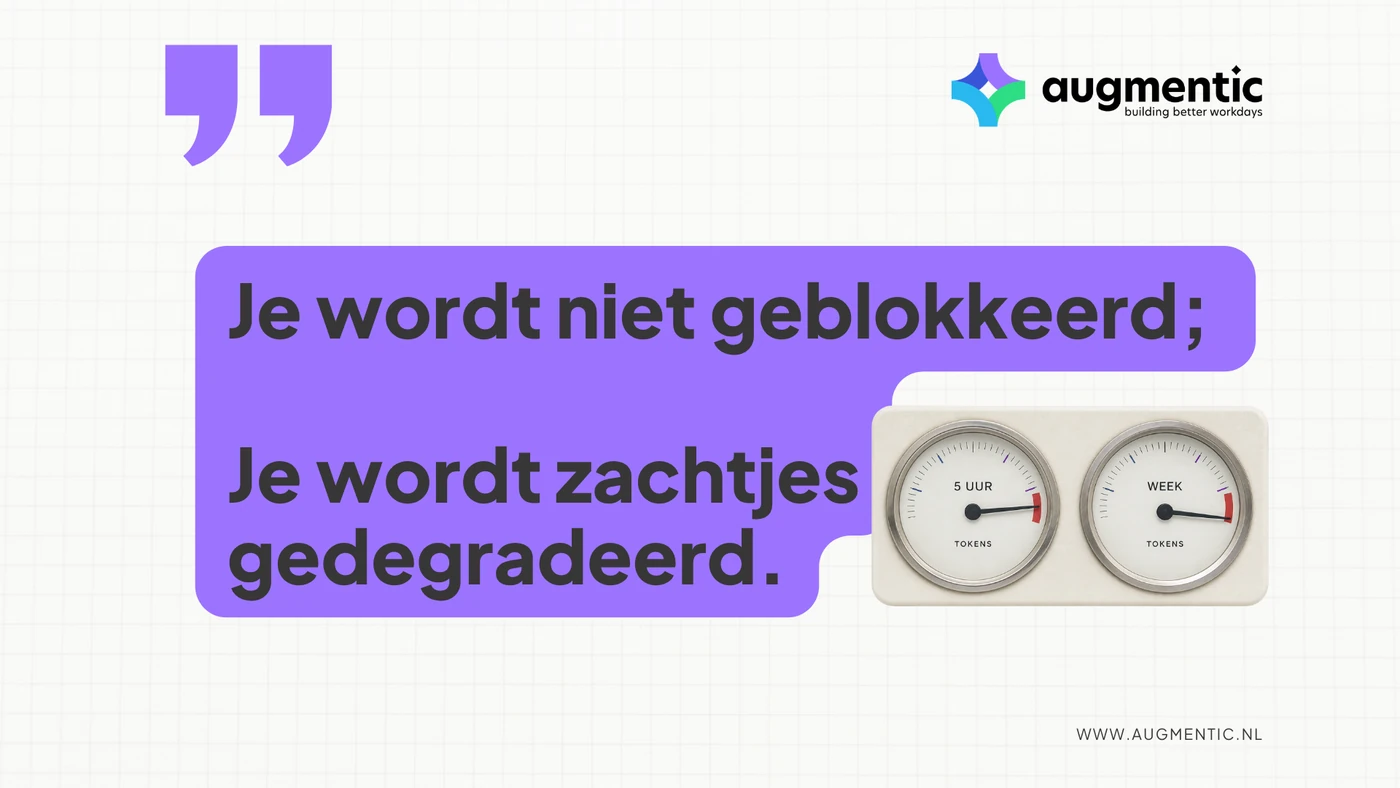 Paarse tekstballon met de quote: je wordt niet geblokkeerd, je wordt zachtjes gedegradeerd. Ernaast twee wijzermeters voor het venster van vijf uur en dat van een week, die allebei tegen het rood aan staan.